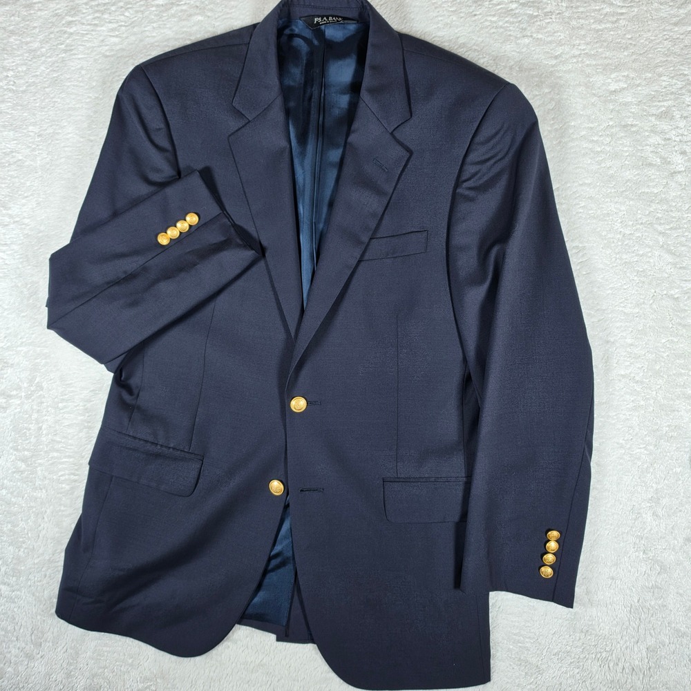 Jos. A. Bank Blazer Mens 39/R Navy Wool L/S Gold Tone Crest Button up Sport Coat